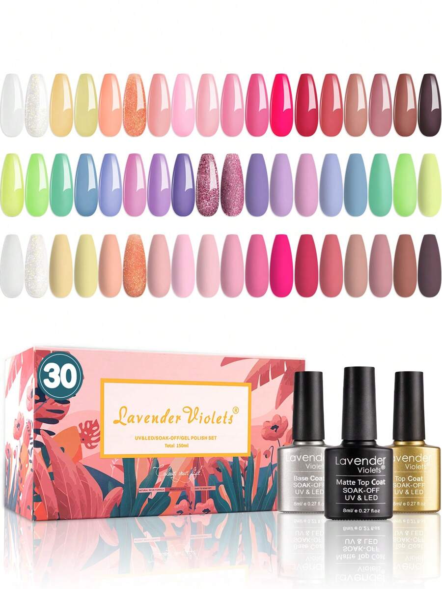 Amazon Com Lavender Violets Gel Nail Polish Kit 18 3 Colors Nude Pink Blue Soak Off Uv Led Nail Gel With Base Matte And Glossy Top Coat F984 Beauty Personal Care